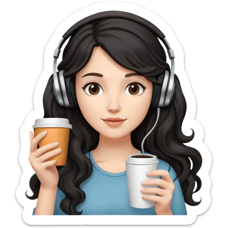 A white girl with black wavy long hair, wearing headphones on her head and holding coffee in her hand SHe has delicate facial features sticker