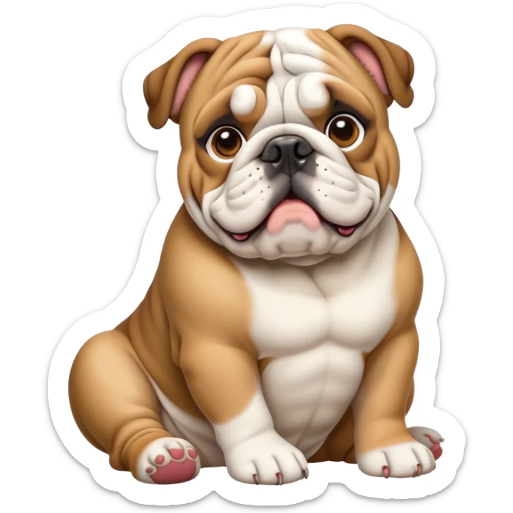 cinematic-[english bulldog]-realistic-full-body-sitting-emoji,-tail-resting-loosely-beside-its-paws,-head-tilted-dramatically,-sleek-[fawn]-fur,-simplified-yet-realistic-focused-features,-highly-detailed,-glowing-with-an-almost-sarcastic-glow sticker
