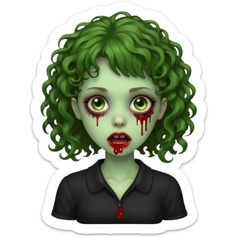 Green zombie emoji girl with curly Brown hair, with curly bangs, wearing a black bluse, blood Just in the tongue sticker