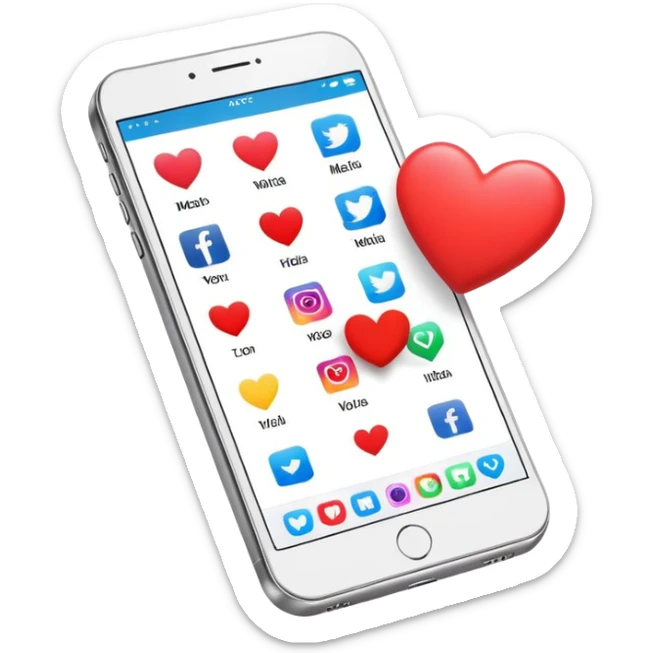  smartphone showing a colorful social media post with a heart and image icon sticker