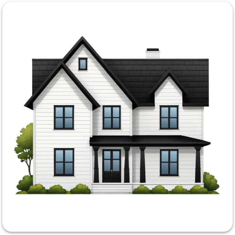modern farmhouse with white siding, black roof and black trim, exterior view sticker