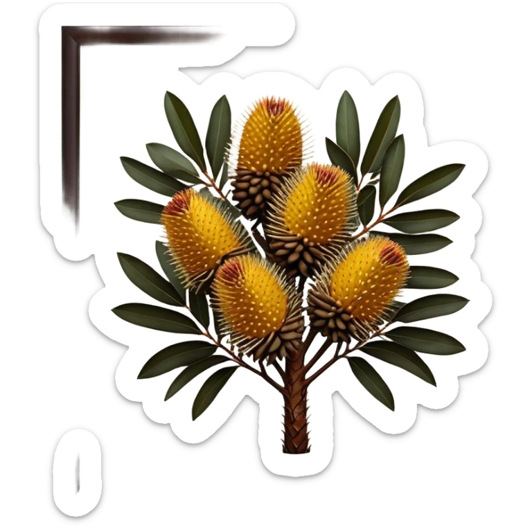 Cinematic Realistic Banksia Emoji, Bold and striking, with spiky, cylindrical flower heads covered in rich golden hues. The leaves are thick and leathery, adding a sense of strength to this unique and iconic tree. Soft glowing outline, capturing the essence of Australian ruggedness and floral beauty in a distinctive banksia tree! sticker