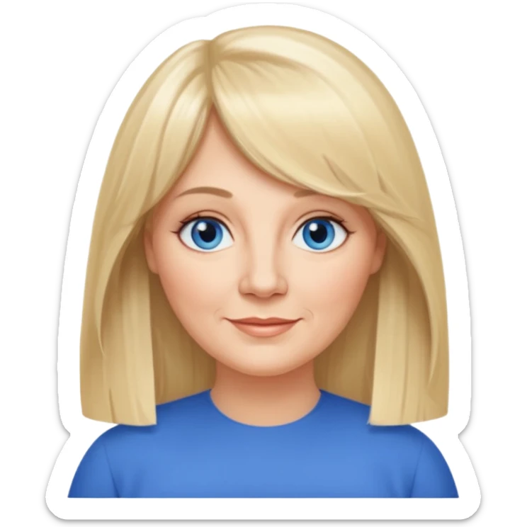 50 yr old white woman, curtain bangs, very long straight blond hair, oval face, small smile, blue eyes, slightly chubby face sticker