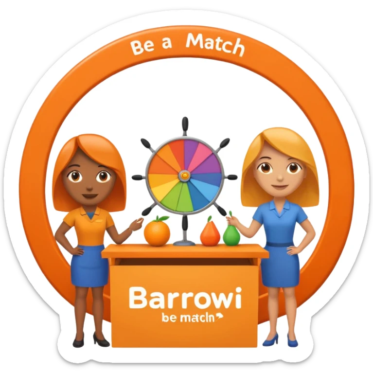 emoji of a recruitment booth. Two cartoon figures stand behind an orange table with 'MARROW, be a match' branding, a colorful spinning wheel, and a branded vertical banner. Simplified and cute sticker