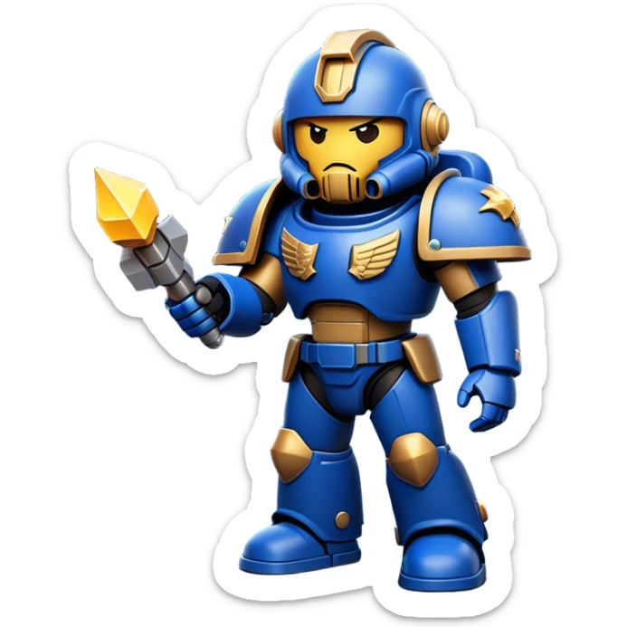 Clash of Clans aesthetic: Cinematic Playful Space Marine Hero Emoji, rendered in a 3D vector-style similar to standard emojis with minimal shading and bold, simplified shapes. A compact, heroic isometric figure clad in futuristic power armor with signature energy accents, softly glowing with a cosmic battle charm. Simplified yet unmistakably iconic, highly detailed and consistent, glowing with a soft radiant shine and high gloss. Stylized with a touch of interstellar valor and a soft glowing outline, capturing the essence of an elite space warrior with a friendly, playful manner! sticker