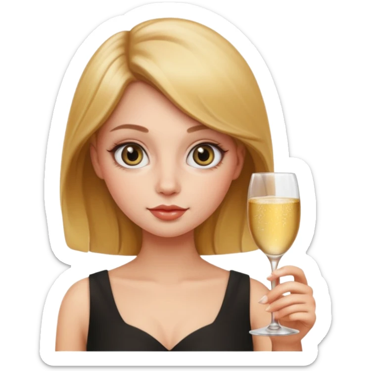 leo woman holding a glass of champagne, realistic apple emoji style, minimal details, round face, big eyes sticker