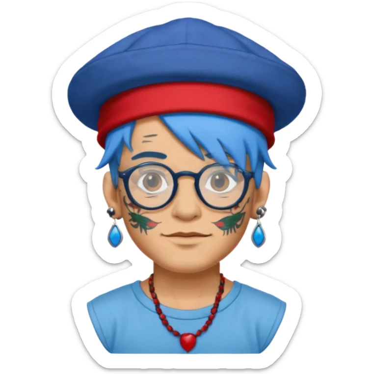 unique looking tourist with big unique red tourist hat and earrings, man with lots of tattoes and spectacles, blue hair showing sticker