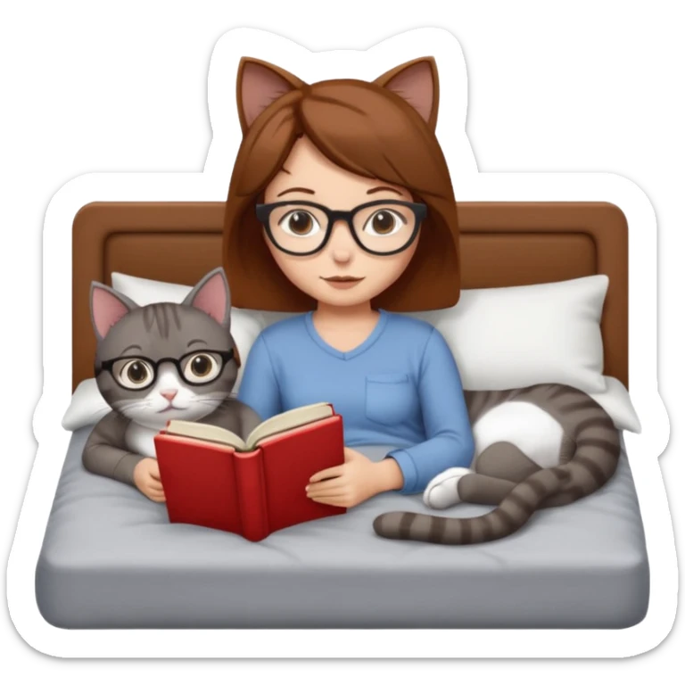 A girl is lying in bed. She has short chestnut hair styled neatly, is wearing glasses, and is reading a book. A grey cat is lying on her legs. The girl has no headband or ears, and the cat is not wearing glasses. sticker