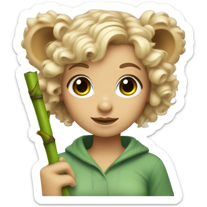 Girl with blonde curly hair and green eyes with koala ears holding bamboo stick  sticker