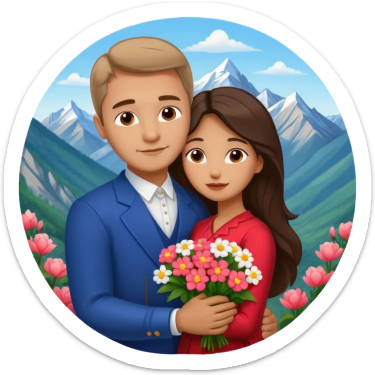 Hugging Couple traveling in Montenegro russian man and elegant  Latina girl delicate flowers and mountains in the background  sticker
