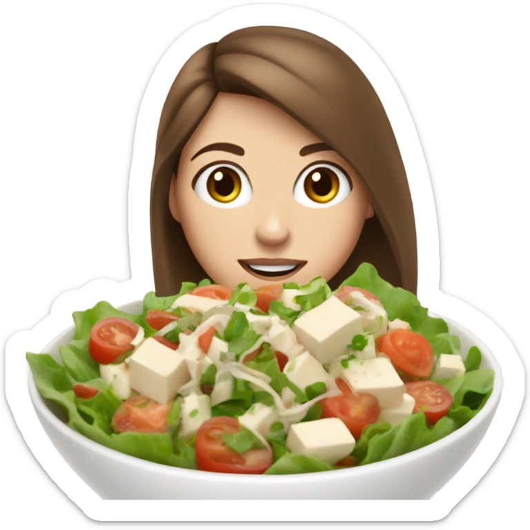 White girl Brown hair blue eyes freackles eating Tofu salad sticker