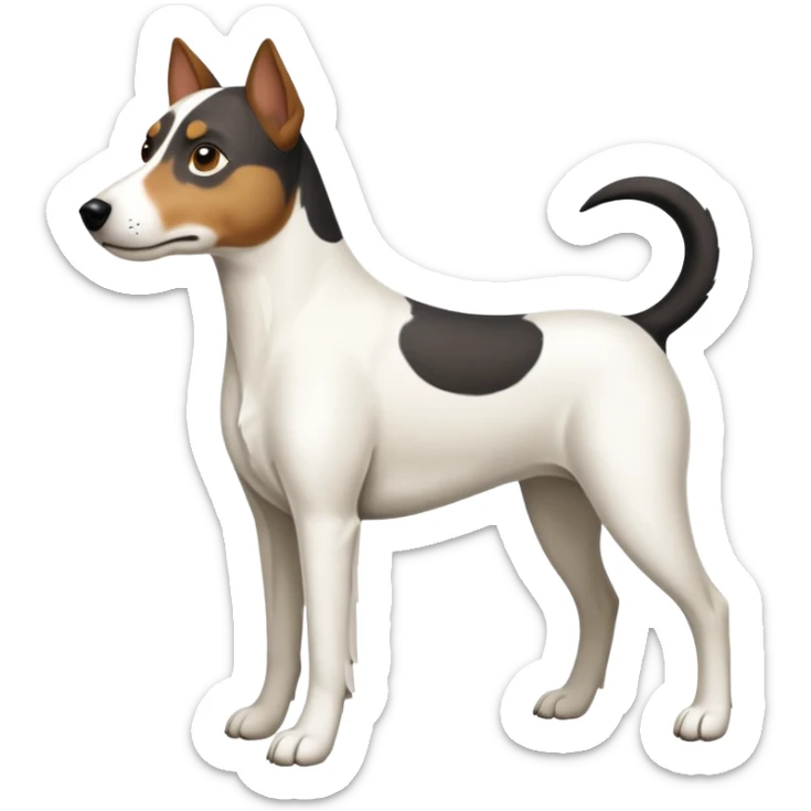 a full body large white parson russell looking dog the size of a kelpie with light brown ears and a light brown patch on one eye and a large snout sticker