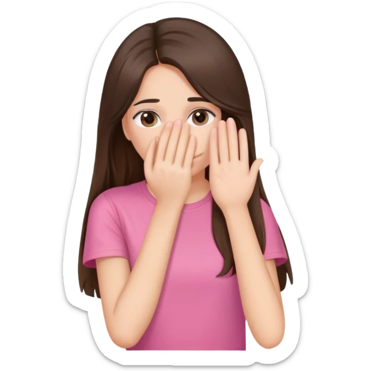 A brunette girl, long hair, fair skin tone, wearing a pink T-shirt, covers her face with her hand sticker