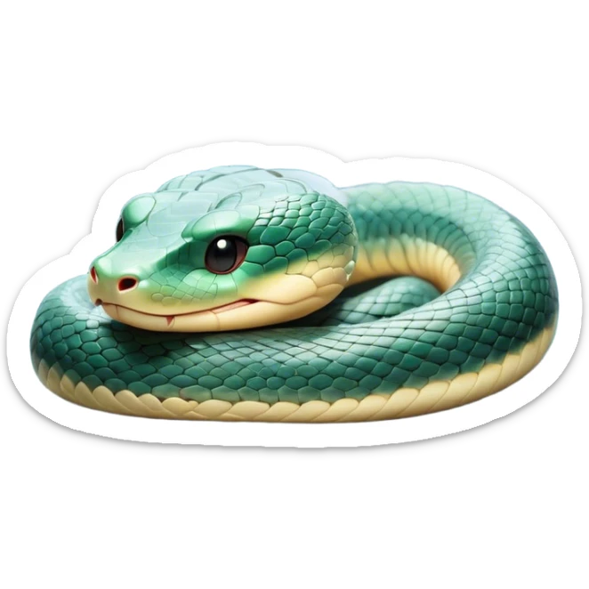 Meme-Worthy Cute Sleeping Chinese Water Snake Portrait Emoji, Head resting peacefully with a contented smile, showcasing a slender, graceful build and a luxuriously soft, shimmering scaled body, eyes gently closed in serene, fluid slumber, Simplified yet hilariously adorable features, highly detailed, glowing with a soft, drowsy aquatic light, high shine, relaxed and utterly lovable, stylized with an air of playful laziness, soft glowing outline, capturing the essence of a sleeping water snake that feels destined to become the next viral sensation of adorable aquatic rest! sticker