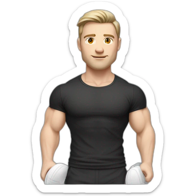 Idyll Pale skinned Fit Man With the biceps and dark brown hair in black shirt, gray sports shorts and white Sneakers sticker