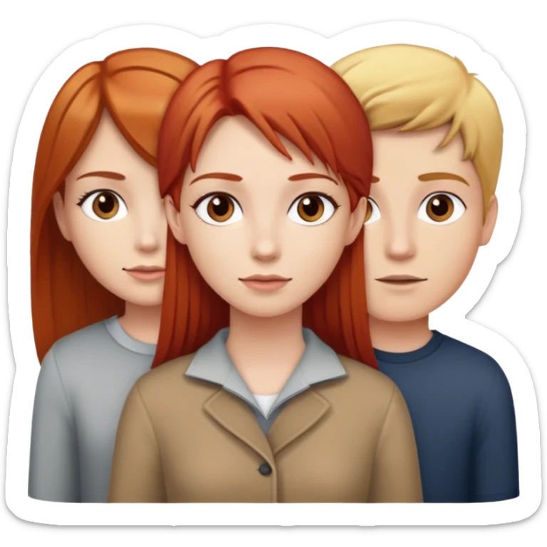 Chica con pelo rojo lacio y ojos café con dos niños, una niña rubia y un niño pelo café  sticker