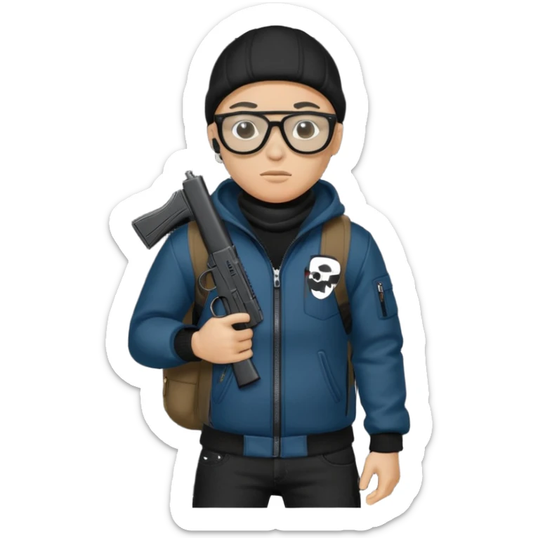 YN wearing a ski mask, holding a gun, all black fit, black jeans, Sprayground bookbag, confident stance, with glasses sticker