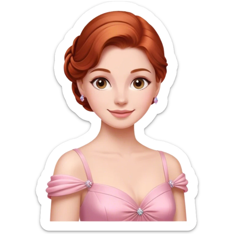 Cinematic Radiant Sleeping Beauty Portrait Emoji, rendered in a realistic, vector style with clean proportions. Show Aurora with a gentle smile, porcelain skin, and beautifully styled auburn hair, wearing her classic pink gown. The image glows with a soft, inviting radiance and high shine, accentuated by a soft glowing outline that enhances her graceful charm. sticker