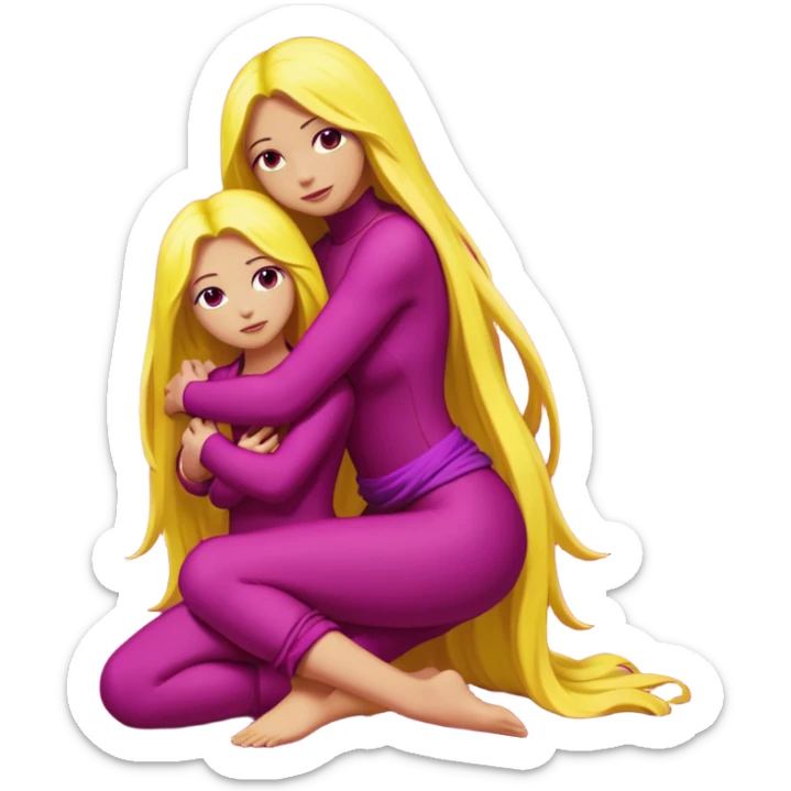 One figure is dark magenta and is kneeling.
	•	The other figure is yellow with long hair and is being held, with their arms around the magenta figure’s neck.
	•	The yellow figure’s legs wrap around the magenta figure’s waist, suggesting a close, intimate embrace. sticker