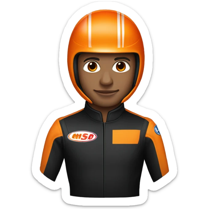 Head and shoulders of a race car driver wearing a black suit with orange stripes and a black helmet with an orange design  sticker