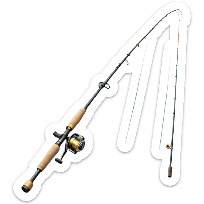 Cinematic Realistic Fishing Rod, sleek graphite rod with a smooth, polished reel, thin line disappearing into a shimmering lake, warm golden sunlight reflecting off the water, glowing with a tranquil and adventurous aura. sticker