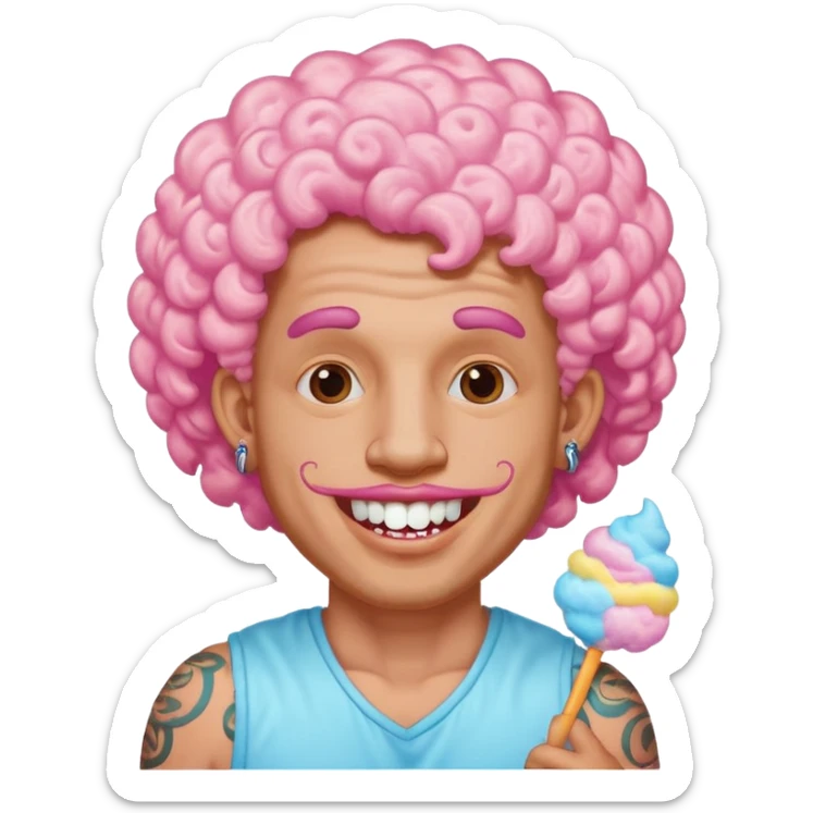 very cheerful colorful puffy curly haired man made out of cotton candy with teeth-braces and tattoos and face tattoos just face  sticker