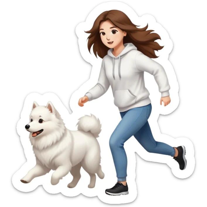 A beautiful girl with long hair wearing a white sweatshirt and jeans is running with a Samoyed sticker