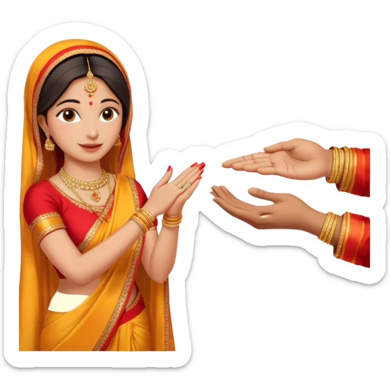 Two hands in a engagement..One hand of groom and one hand of bride. Bride hand - red/yellow saree. groom- light orange punjabi (oonly hands will be visible in the image) sticker