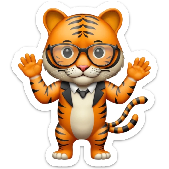 un tigre con gafas oscuras parado en dos patas bravo con la mano en la derecha en la pose: Firme sticker