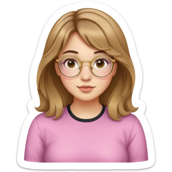 young adult woman with light skin, round face, prominent cheeks, medium plump body, long light brown hair with golden highlights, voluminous and wavy, long bangs over eyebrows, large octagonal glasses with thin golden or light pink frame, casual dark shirt sticker