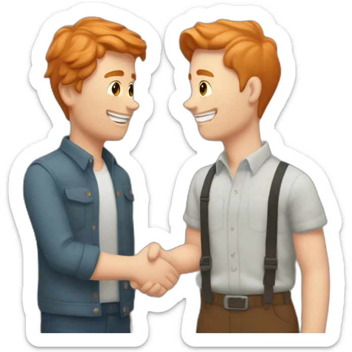 tom crossman with ginger hair shaking hands with louie smith with brown hair sticker