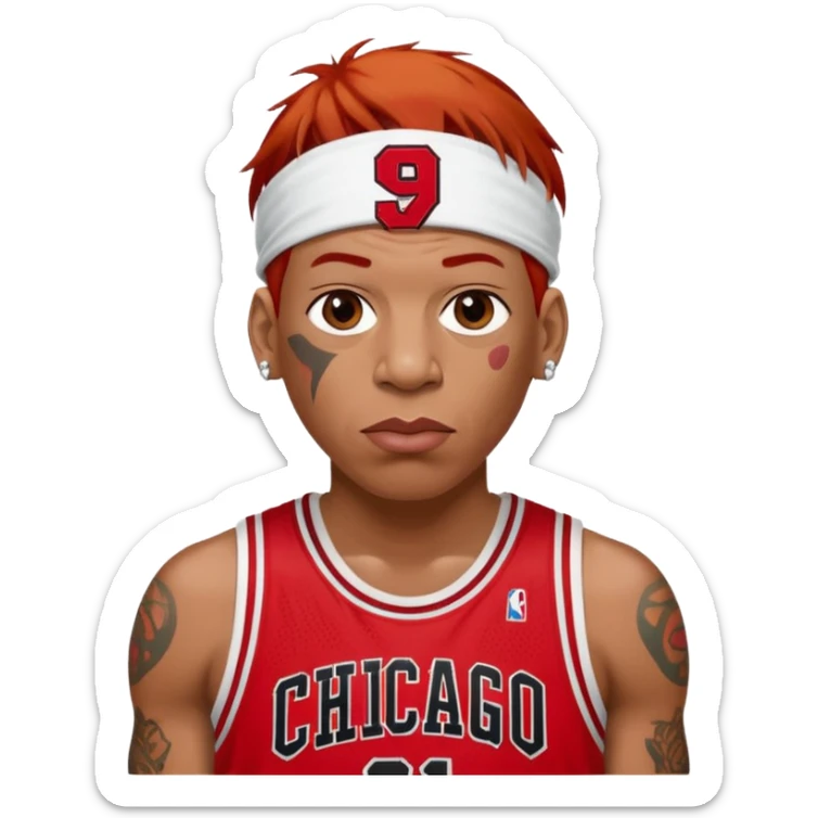 Dennis Rodman with a basketball and “91 “Chicago bull.with a very short red hair sticker