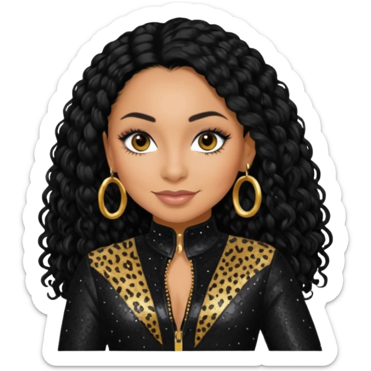 Raven Symone from Cheetah Girls with long jet black hair, black sequin outfit sticker