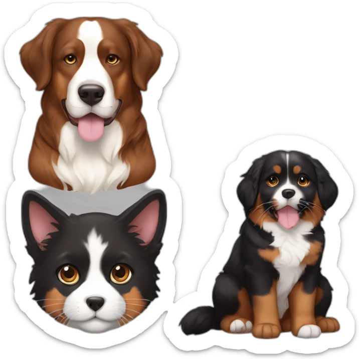 A Bernese dog next to A black and brown tortoiseshell cat with no white fur sticker