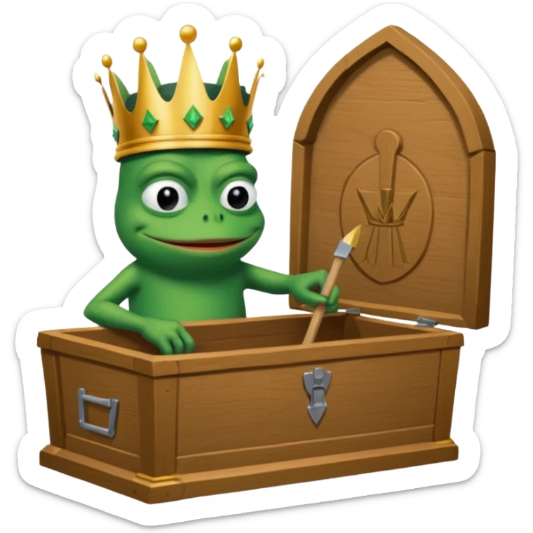 Emoji of an empty wooden coffin with its lid on top, the word ‘ECHO’ carved into the lid. The coffin is shown from the outside. A king-like Pepe the Frog, standing outside the coffin, is hammering nails into the lid to seal it shut. No character is inside the coffin. Not a treasure chest. sticker