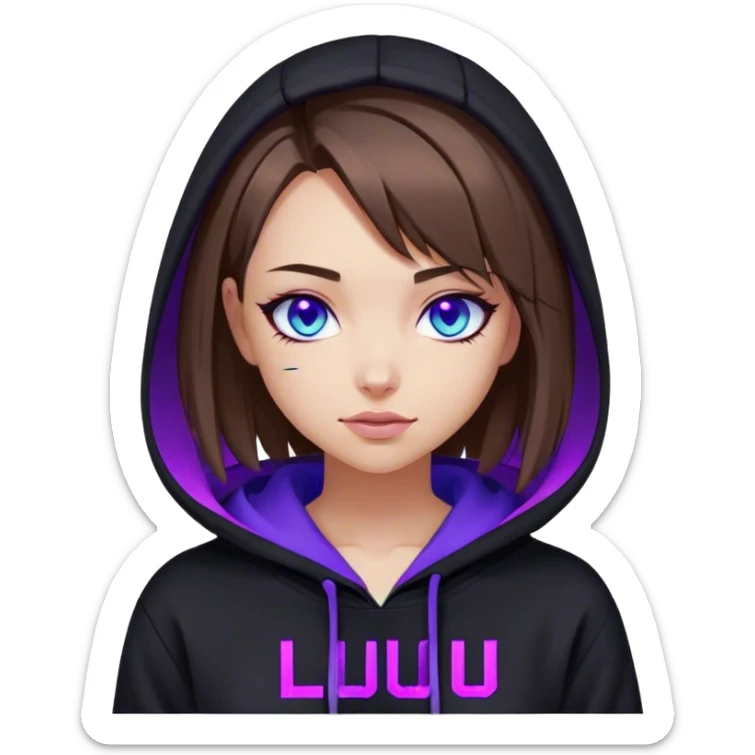 brown haired girl with a bob blue eyes wearing black hoody with violet letters "Lu", winks. Cyberpunk style. Violet neon. sticker