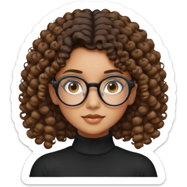 un chica con pelo rizado tiene hecha una coleta y con dos rizos sueltos en la parte de alante que le llega hasta el cuello. luego pil un poco morena ojos marrones y tiene gafas negras y son exagonales pero un poco redondeadas. sticker