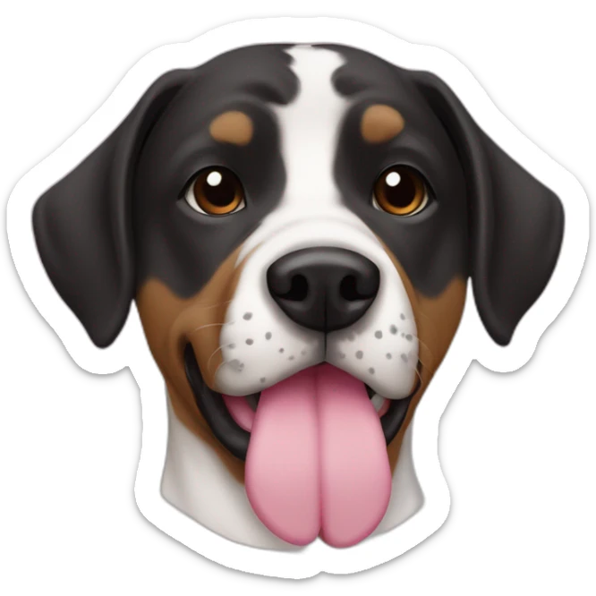 Dog pit mix black face with white spot on snout white chest pink tongue brown eyes spotted nose sticker