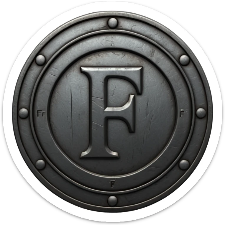 Minimal emoji, gothic metal coin made of black steel, engraved number f at the center, ancient industrial aesthetic, worn metal texture, no glow, no neon, flat emoji design, centered, transparent background sticker
