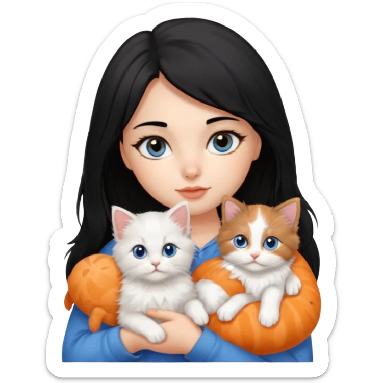 A girl black hair and brown eyes with A 2-month-old Persian-Angora mix kitten with blue eyes and mostly ORANGE fur with white patches sticker