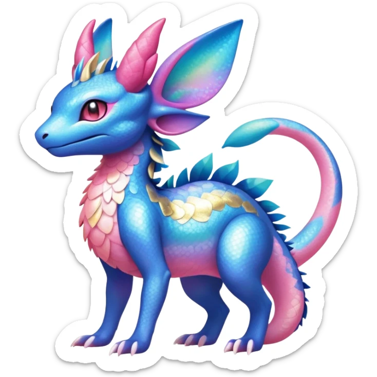 Colorful Iridescent Exotic Amaura-Salandit-Aurorus-Sylveon-Fakémon-hybrid-creature (full body)  sticker