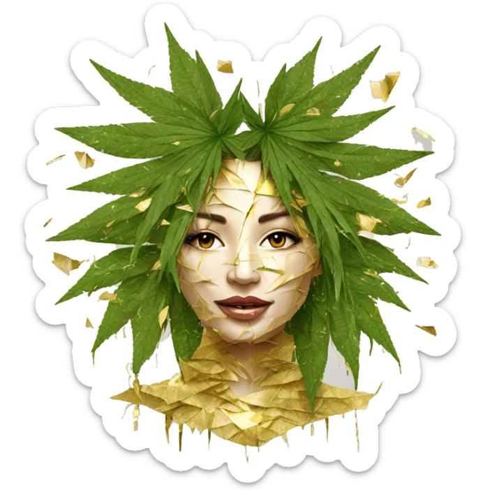  Hemp 420 lady face melting gold drizzle kintsugi palm leaves tropical made of 420 origami newspaper roses hemp leaves lantern fairy lights burning paper and hemp leaves in hair sticker