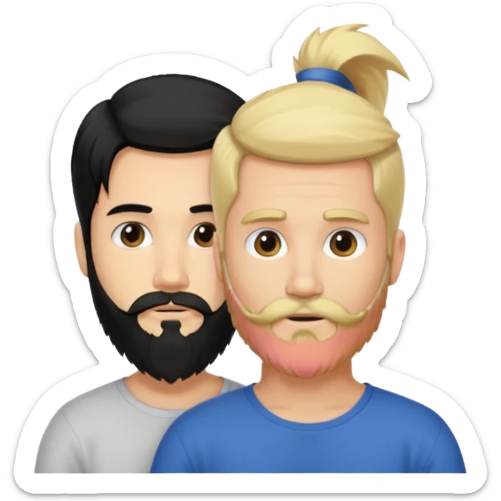Man with long black hair tied in a tail and beard with a young blond short-haired without a beard sticker