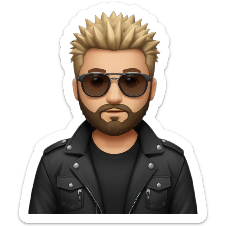 biker gang with black sunglass and rugged and bulky guy bearded spicks hair black jacket sticker