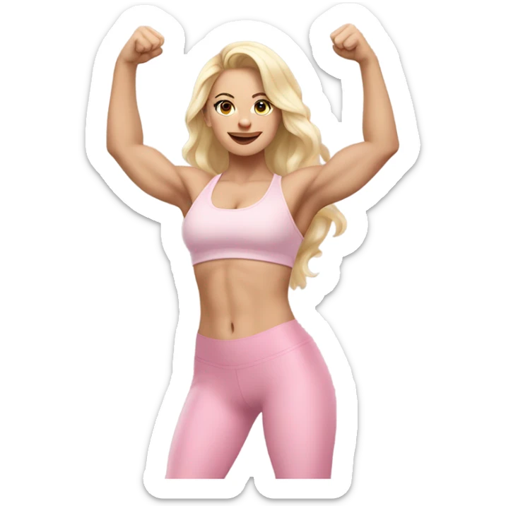 Woman, white skin, pale skin, long hair, blonde hair, wavy hair, baby pink sports bra, baby pink leggings, flexing one arm up sticker