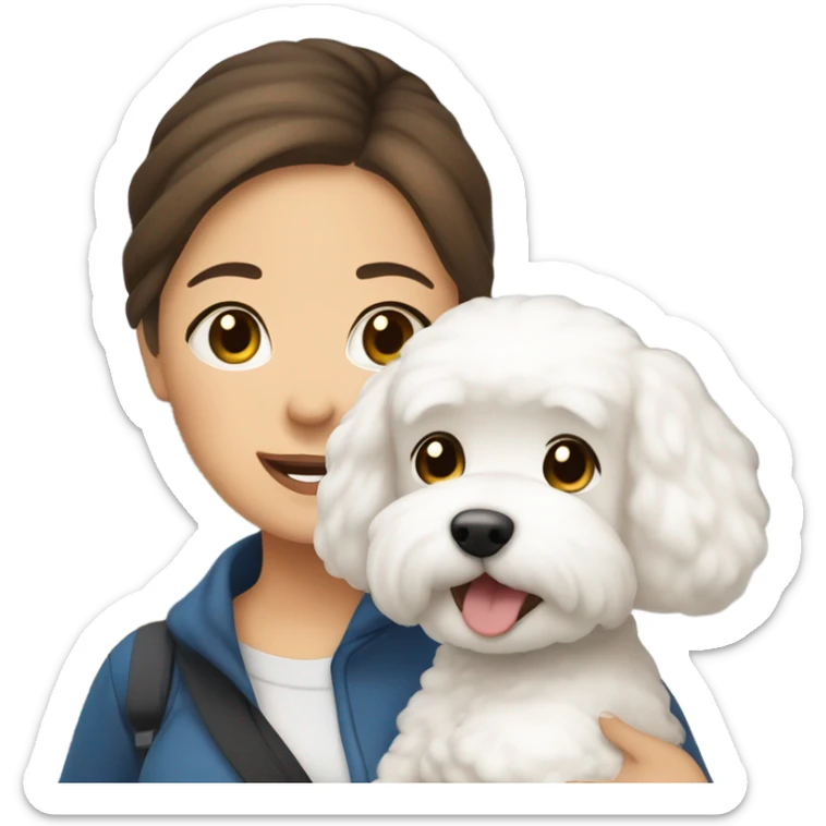 A hair-in-a-bun Asian woman, with brown hair, carrying a cute and happy Bichon Frise at the airport  sticker