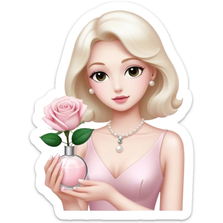 white rose next to a pearl-colored envelope and a flacon of aesthetically pleasing perfume in powder pink  sticker
