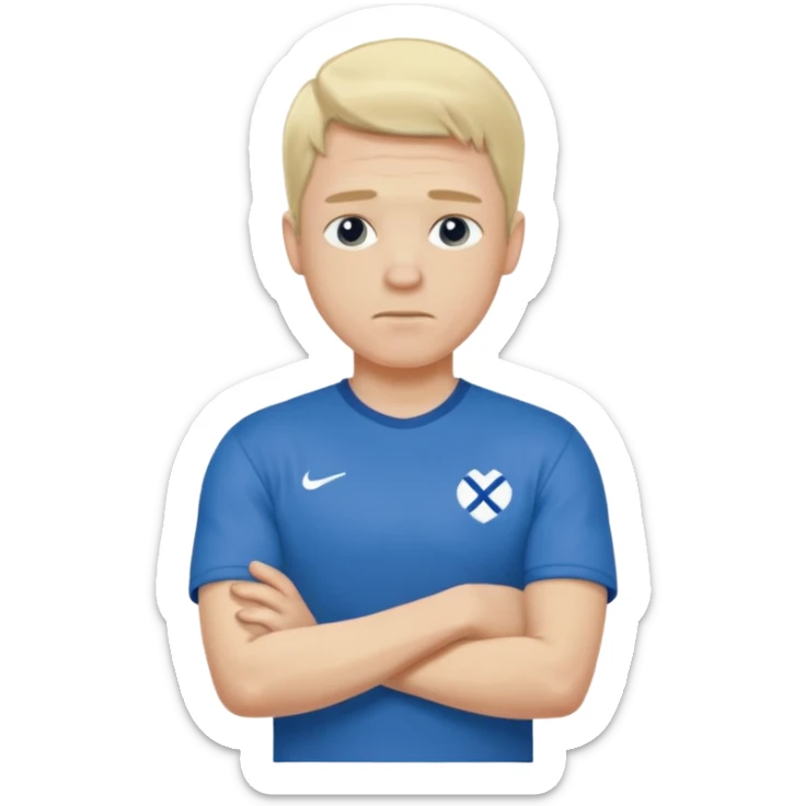 Pale blond man in blue football t shirt crossed arms trembling from cold sticker