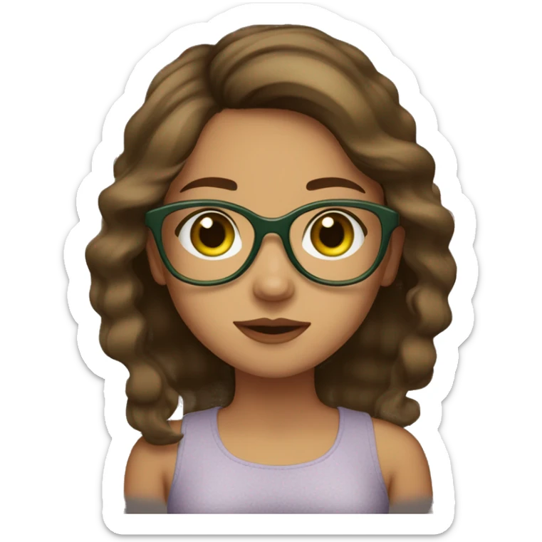 A girl with brown hair , big green eyes , clear frame glasses and olive skin tone , pursing lips  sticker