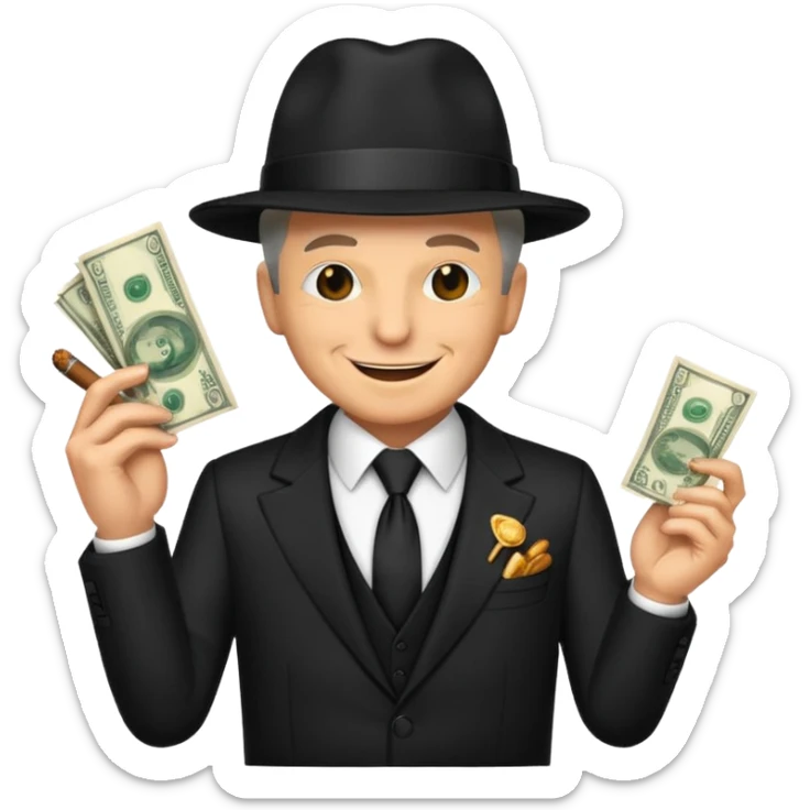 "Emoji of a powerful mafia boss, inspired by classic gangster movies, wearing a stylish white or black suit, holding a cigar and surrounded by money." sticker